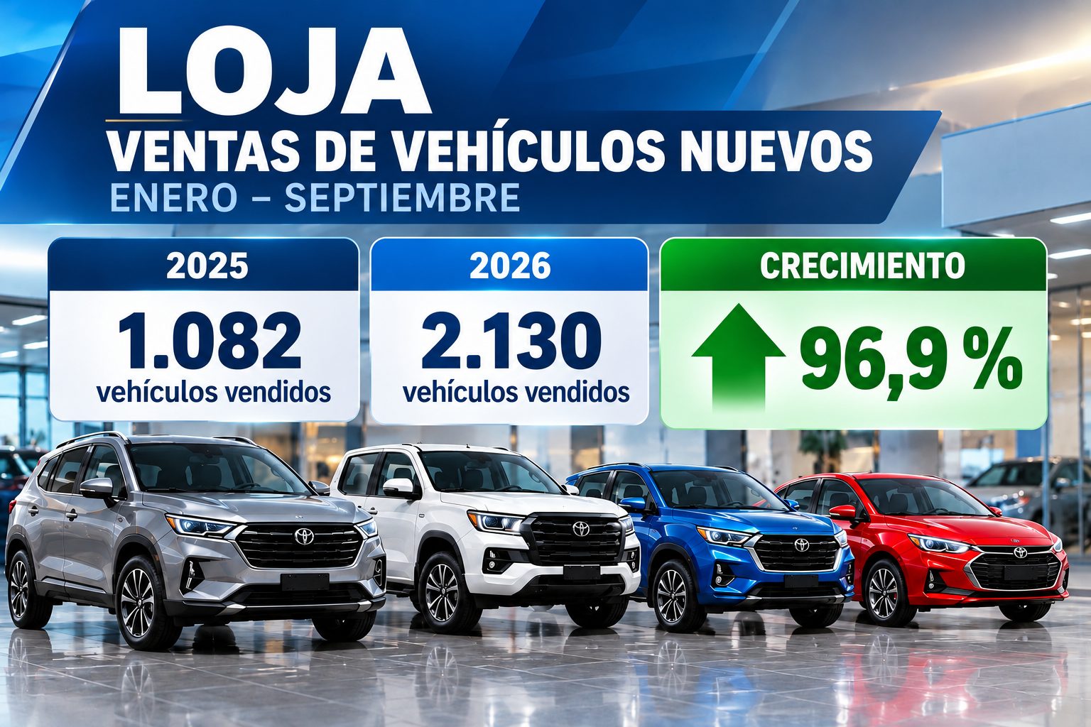 Las ventas de vehículos nuevos en Loja crecieron un 96,9 % hasta septiembre de 2026.