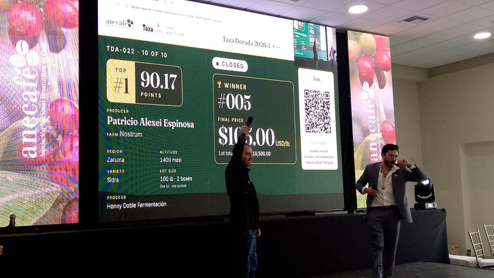 El café ganador alcanzó USD 105 por libra en subasta, superando el récord anterior de USD 100.