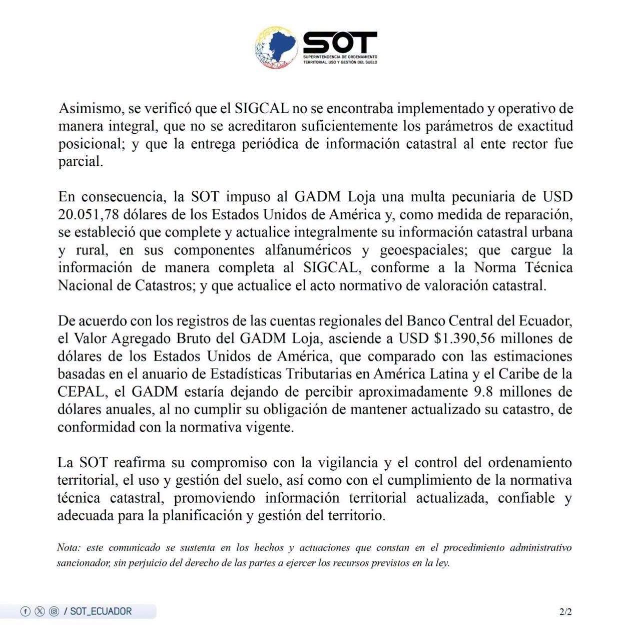 Comunicado oficial de la Superintendecia de Ordenamiento Territorial, Uso y Gestión de Suelo (SOT). /Foto: Redes Sociales